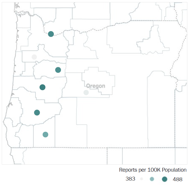 Map of Oregon Metropolitan Statistical Areas showing number of reports per 100K population, ranging from a low of 383 to a high of 488. See attached CSV file for report data by MSA.