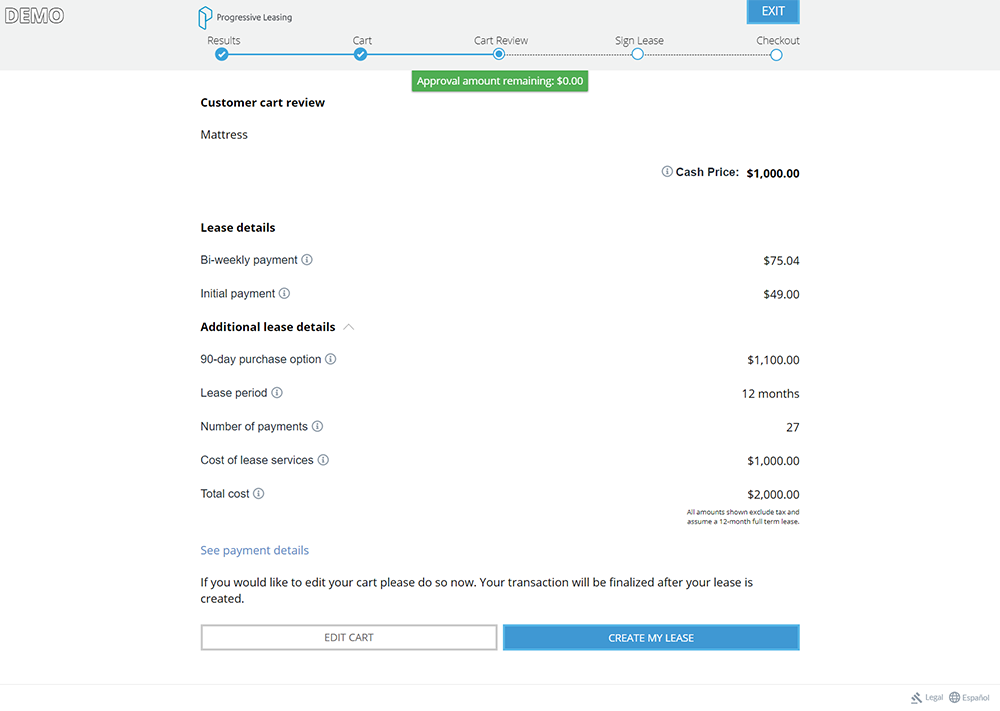 Screenshot of Progressive's listing of full cost of payment plan