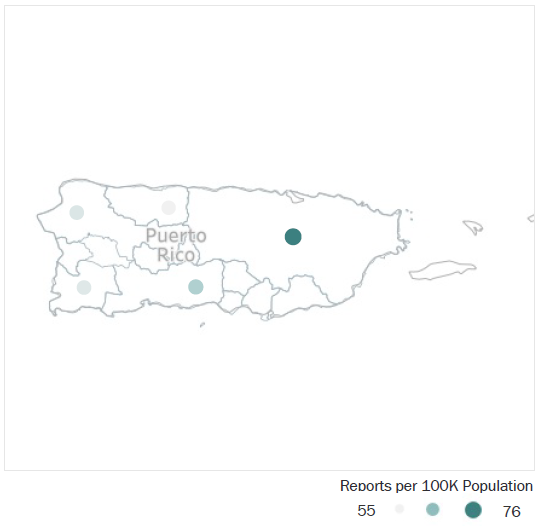 Map of Puerto Rico Metropolitan Statistical Areas showing number of reports per 100K population, ranging from a low of 55 to a high of 76. See attached CSV file for report data by MSA.
