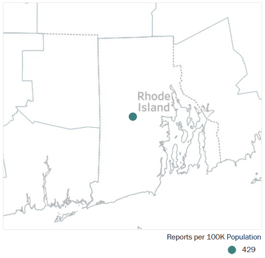 Map of Rhode Island Metropolitan Statistical Area showing number of reports per 100K population, which is 429. See attached CSV file for report data by MSA.