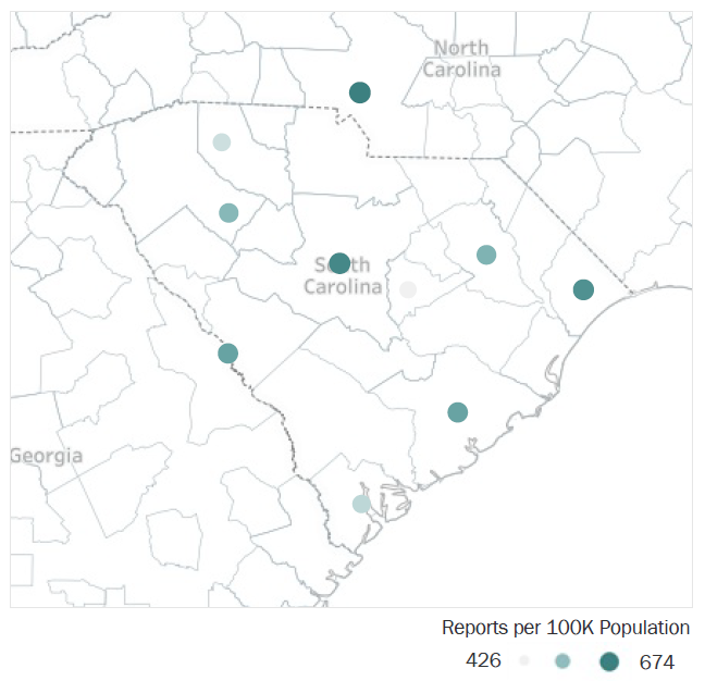Map of South Carolina Metropolitan Statistical Areas showing number of reports per 100K population, ranging from a low of 426 to a high of 674. See attached CSV file for report data by MSA.