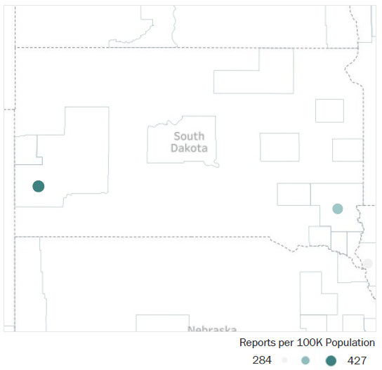 Map of South Dakota Metropolitan Statistical Areas showing number of reports per 100K population, ranging from a low of 284 to a high of 427. See attached CSV file for report data by MSA.