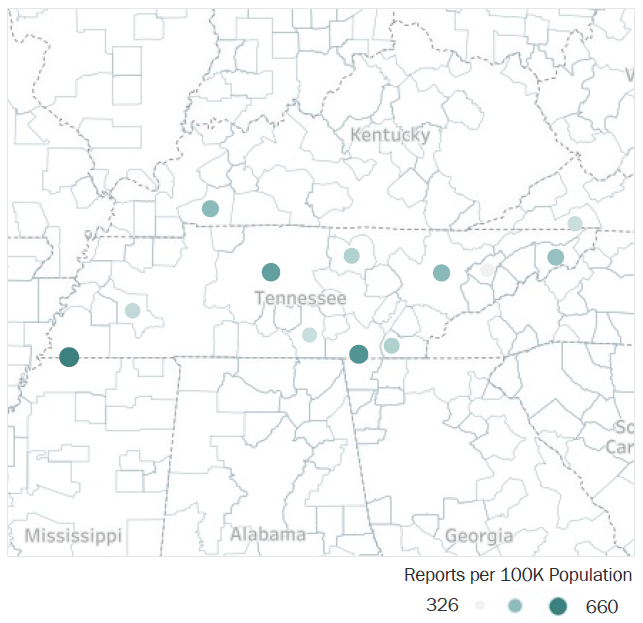 Map of Tennessee Metropolitan Statistical Areas showing number of reports per 100K population, ranging from a low of 326 to a high of 660. See attached CSV file for report data by MSA.
