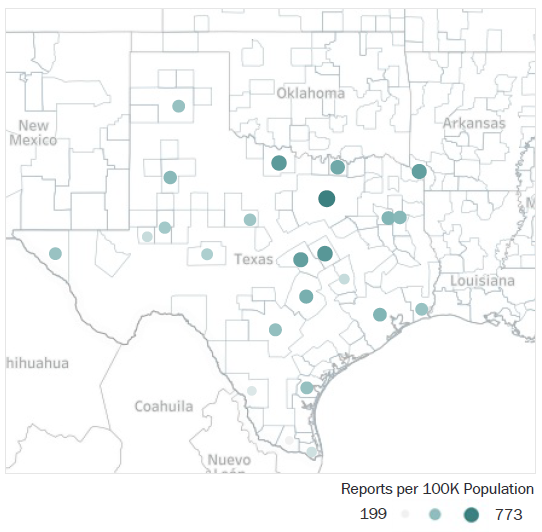 Map of Texas Metropolitan Statistical Areas showing number of reports per 100K population, ranging from a low of 199 to a high of 773. See attached CSV file for report data by MSA.