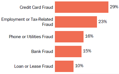 Graph of consumer reports of identity theft in Louisiana by type in 2017. The type with the most reports was credit card fraud with 29 percent of reports, employment or tax-related fraud with 23 percent, phone or utilities fraud with 16 percent, bank fraud with 15 percent, and loan or lease fraud with 10 percent.