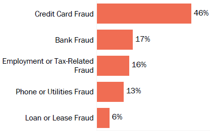 Graph of consumer reports of identity theft in Minnesota by type in 2017. The type with the most reports was credit card fraud with 46 percent of reports, bank fraud with 17 percent, employment or tax-related fraud with 16 percent, phone or utilities fraud with 13 percent, and loan or lease fraud with 6 percent.