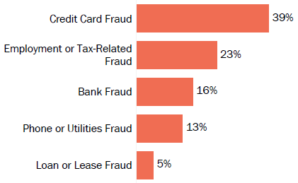 Graph of consumer reports of identity theft in New Hampshire by type in 2017. The type with the most reports was credit card fraud with 39 percent of reports, employment or tax-related fraud with 23 percent, bank fraud with 16 percent, phone or utilities fraud with 13 percent, and loan or lease fraud with 5 percent.