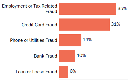 Graph of consumer reports of identity theft in Rhode Island by type in 2017. The type with the most reports was employment or tax-related fraud with 35 percent of reports, credit card fraud with 31 percent, phone or utilities fraud with 14 percent, bank fraud with 10 percent, and loan or lease fraud with 6 percent.