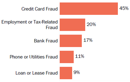 Graph of consumer reports of identity theft in South Dakota by type in 2017. The type with the most reports was credit card fraud with 45 percent of reports, employment or tax-related fraud with 20 percent, bank fraud with 17 percent, phone or utilities fraud with 11 percent, and loan or lease fraud with 9 percent.