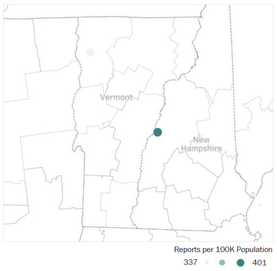 Map of Vermont Metropolitan Statistical Areas showing number of reports per 100K population, ranging from a low of 337 to a high of 401. See attached CSV file for report data by MSA.