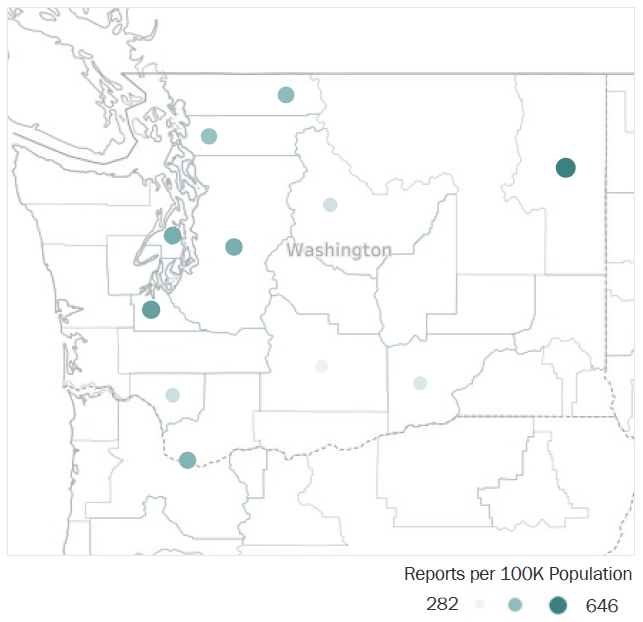 Map of Washington Metropolitan Statistical Areas showing number of reports per 100K population, ranging from a low of 282 to a high of 646. See attached CSV file for report data by MSA.