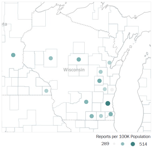 Map of Wisconsin Metropolitan Statistical Areas showing number of reports per 100K population, ranging from a low of 289 to a high of 514. See attached CSV file for report data by MSA.