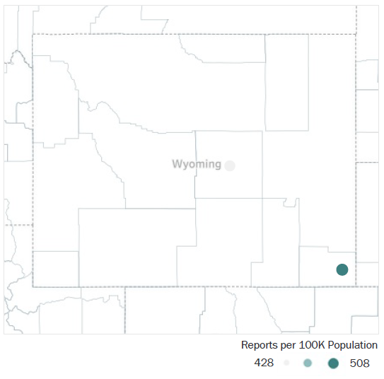 Map of Wyoming Metropolitan Statistical Areas showing number of reports per 100K population, ranging from a low of 428 to a high of 508. See attached CSV file for report data by MSA.