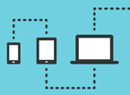 mobile phone, tablet, and laptop with dotted line connecting the three devices