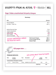 Excerpts from an actual T-Mobile bill. Page 1 hides third party charges. Summary item ‘Usage charges’ includes third party charges for ‘Brain Facts’ text alerts. 123 pages later, under Premium Services, Other Service Provider Charges, the ‘Brain Facts’ text alerts show in the Description field as 8888906150 BrnStorm23918, total $9.99.