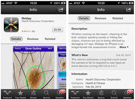 App shows 'draw outline' to identify the extent and shape of the mole. Description states '...chances are you're being affected by damaging UV rays. MelApp for iPhone is an image-based risk assessment mobile...'
