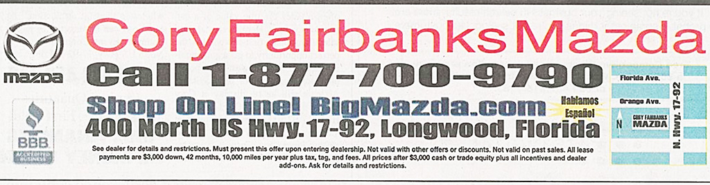Small print at bottom of Cory Fairbanks Mazda advertisement. Small print text specifies: All lease payments are $3,000 down, 42 months, 10,000 miles per year plus tax, tag, and fees. All prices after $3,000 cash or trade equity plus all incentives and dealer add-ons. Ask for details and restrictions.
