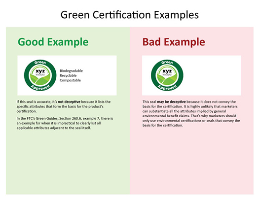 Green approved, biodegradable, recyclable, compostable. If accurate, not deceptive because it lists the attributes forming the basis for the product’s certification. Bad example does not include those attributes and thus does not convey the basis for the certification.