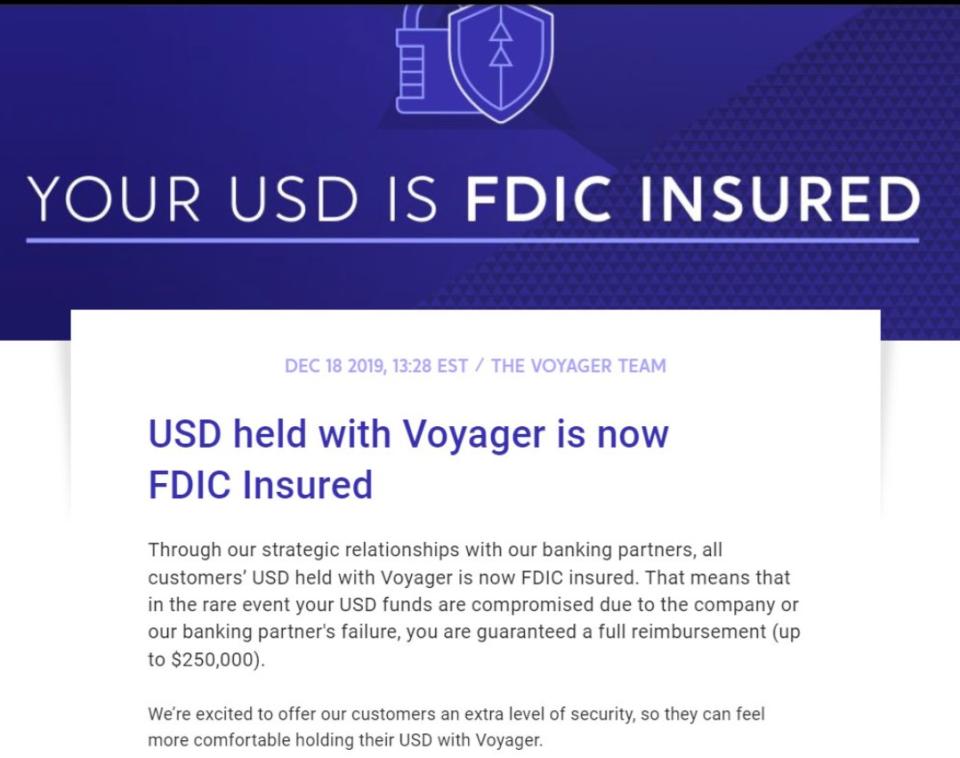 Image of Voyager marketing materials with line "YOUR USD IS FDIC INSURED"