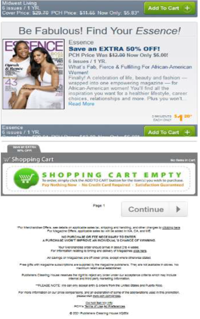 Publishers Clearing House complaint shopping page